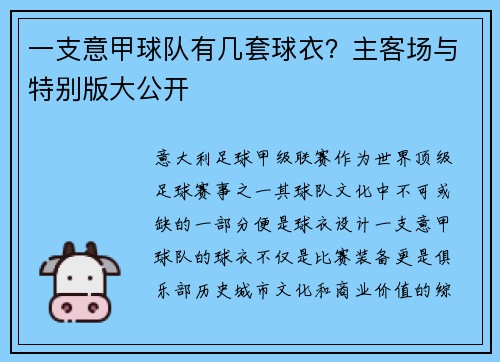 一支意甲球队有几套球衣？主客场与特别版大公开