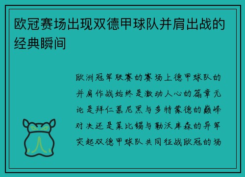 欧冠赛场出现双德甲球队并肩出战的经典瞬间