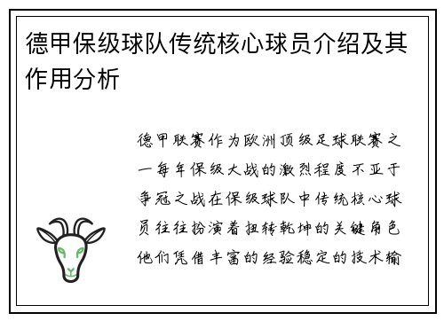 德甲保级球队传统核心球员介绍及其作用分析
